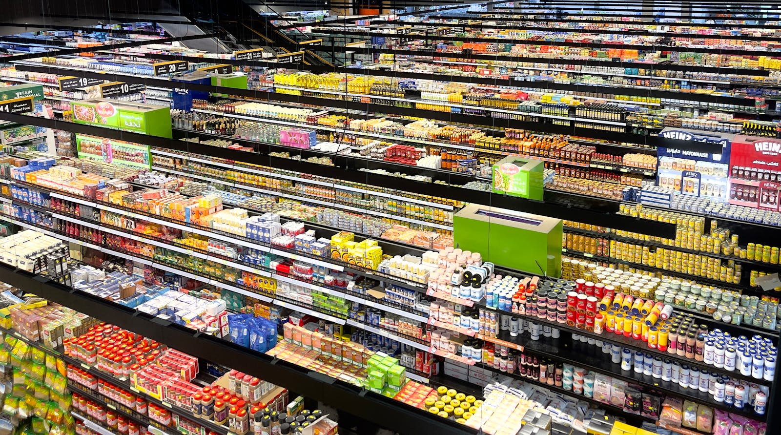 Inside a fully stocked supermarket aisle of authentic products